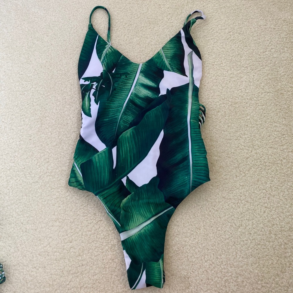 Leaf print one piece bathing suit